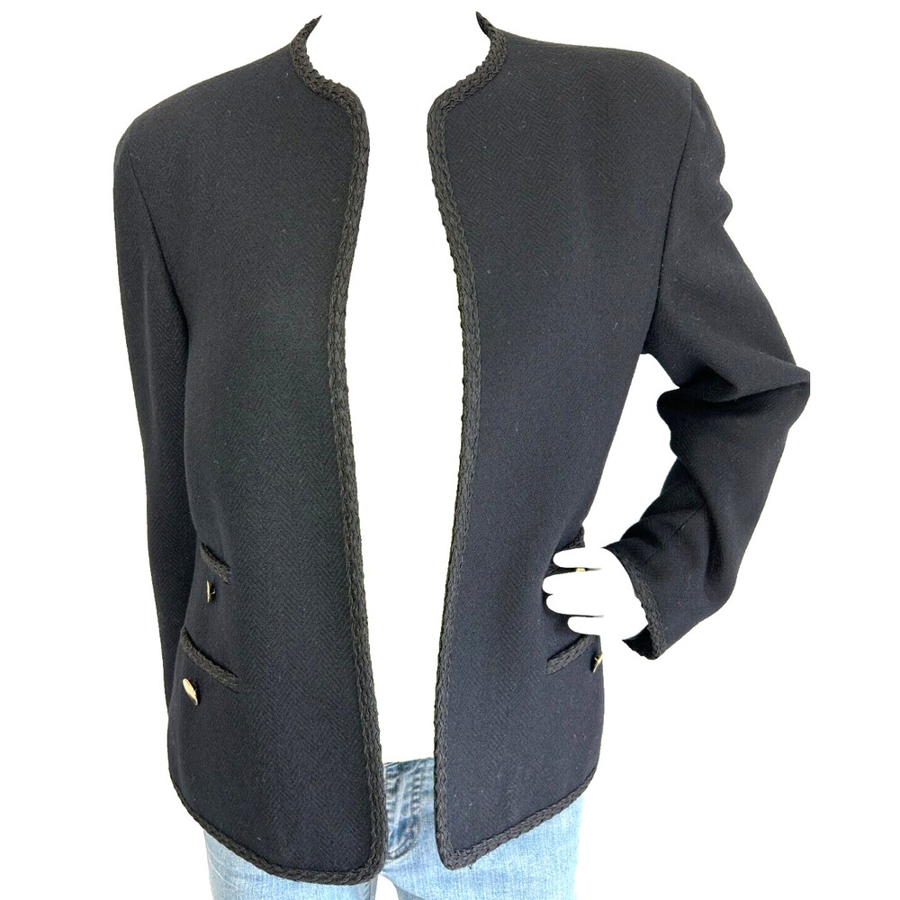 Vintage Tweed 100% Wool Blazer Open Front Braided Trim Made USA Black 10 EUC